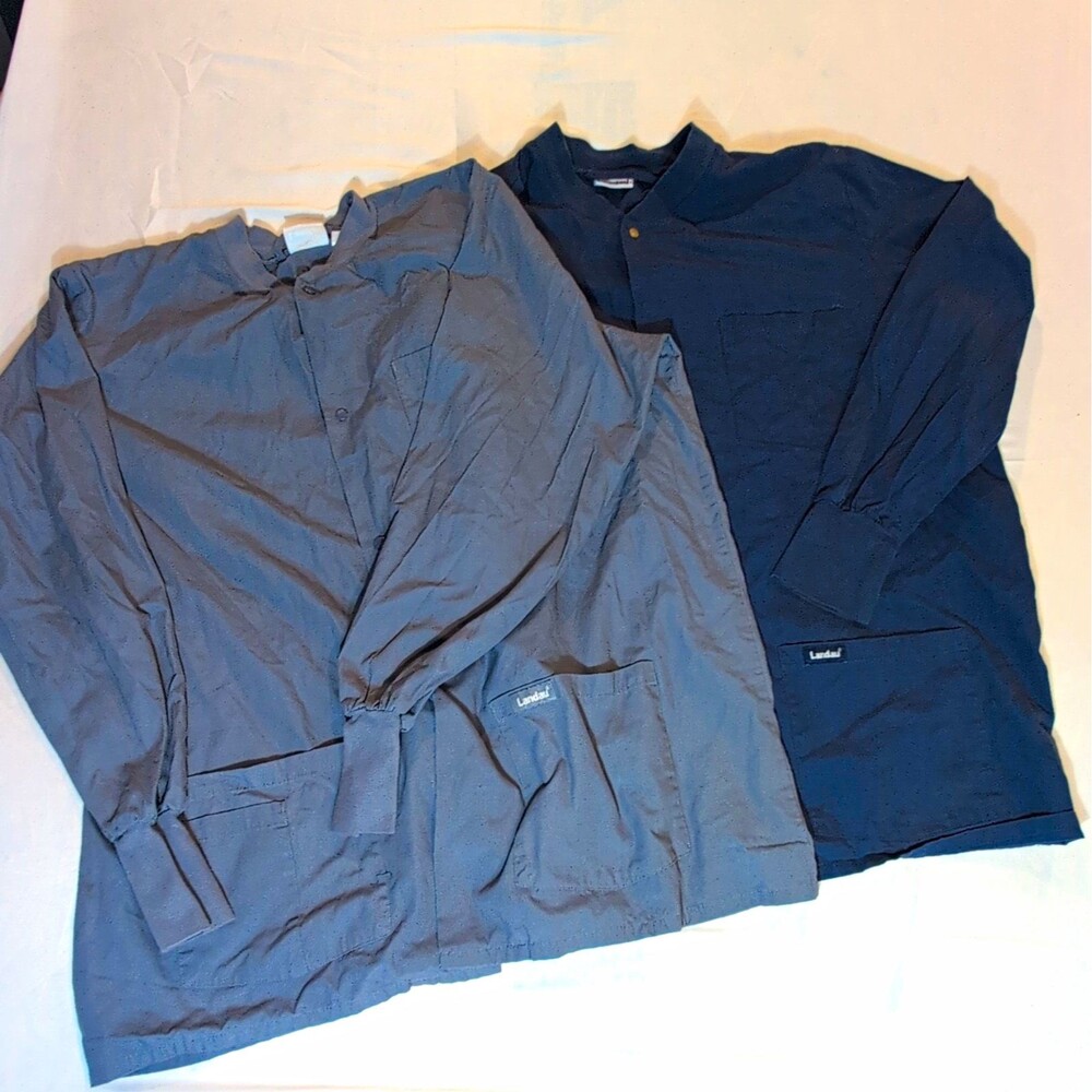 Lot of 2 Landau Unisex Medical Scrub Jackets XLG Blue, Gray Solid Snap Front